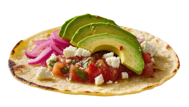 Corn tortilla taco with avocado pickled red onion salsa, and cheese