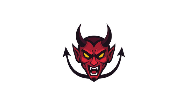 Red devil head mascot logo with large black horns and glowing yellow eyes, featuring an open mouth with sharp fangs and a curved black pitchfork tail on a plain white background.