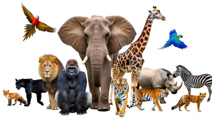 Collection of African and jungle animals elephant lion gorilla giraffe rhino zebra tigers fox panther, parrots © darietta