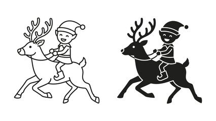 Christmas Elf on Reindeer: A cheerful cartoon elf, dressed in a Santa hat and festive attire, rides a reindeer in a joyful holiday illustration. Two versions provided: outline and silhouette. © Asma