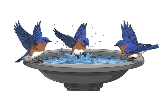 Illustration of three eastern bluebirds at a stone birdbath; one splashes in blue water with droplets while others perch and land on the rim, isolated on white background.