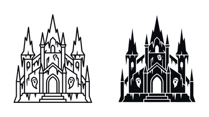 Gothic Castle Icon: A stark, stylized illustration of a gothic castle, presented in both outline and silhouette form, evoking mystery and the macabre with its sharp spires and eerie windows. © Mst