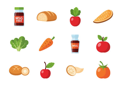 Flat vector icon set featuring MSG-free sauce jar, bread loaf, radish, melon slice, leafy green lettuce, carrot, MSG bottle, red apple, bun, cherry, sliced root, and tomato.