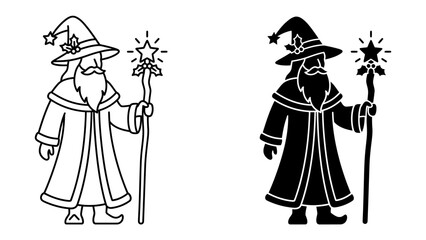 Wizard Duo: A stylized wizard, depicted in both outline and silhouette, stands regally with a star-topped staff, radiating magical energy and ancient wisdom. © Nirob