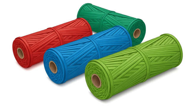 Four spools of multicolored plastic straw rope in red, blue, and shades of green on white. Illustration of synthetic twine rolls for industrial packaging and binding.