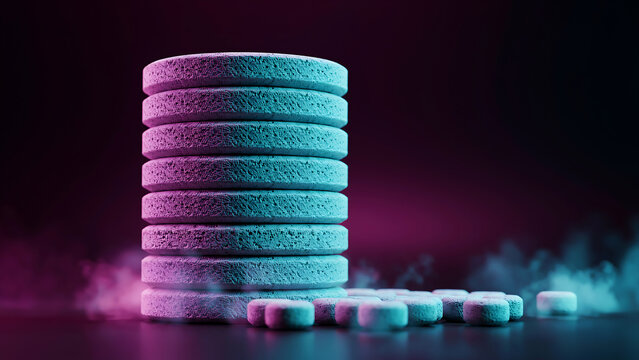A stack of colorful tablets with textured surfaces on dark surface with smoke around them in purple and blue lighting effects  health supplement concept