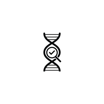 Dna helix icon with magnifying glass and checkmark on a white background representing genetic research biotechnology double helix genetic code genome