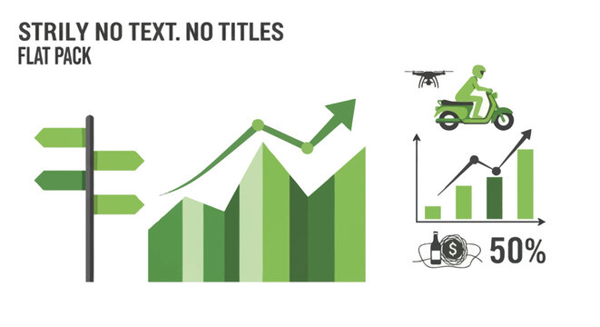 Green business infographic set featuring a directional signpost, upward growth charts, bar graphs, delivery courier on a motor scooter, drone, and fifty percent financial data icons.