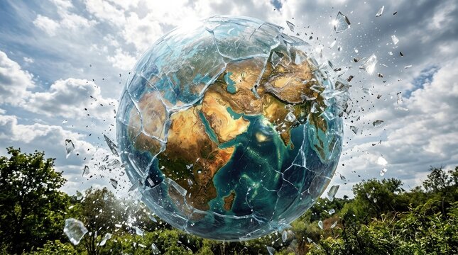 Shattered Earth Globe: Global Warming, Climate Change, Environmental Crisis. Fragile Planet Breaking Apart.