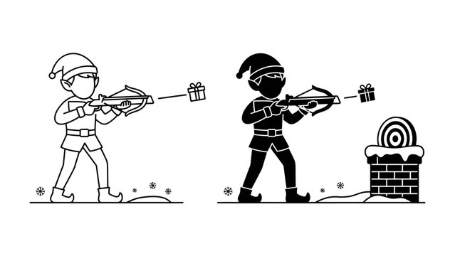 Christmas Elf Shooting Gift: A whimsical illustration depicts a cheerful Christmas elf, dressed in festive attire, aiming a crossbow to shoot a gift towards a chimney target.