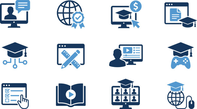 Online distance education and e learning blue duotone flat solid icon set featuring digital classroom video tutorial global graduation cap and remote study vectors