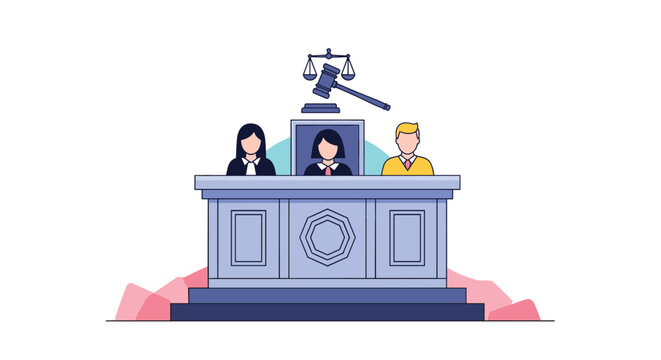 Professional judicial committee with three judges sitting at the courtroom bench under a wooden legal gavel.