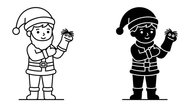 Santa Claus with Sock Puppet: A charming illustration of Santa Claus, in both line art and silhouette form, happily playing with a sock puppet.
