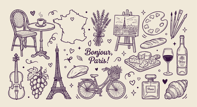 Parisian themed floral ornament with landmarks and artistic elements vector illustration