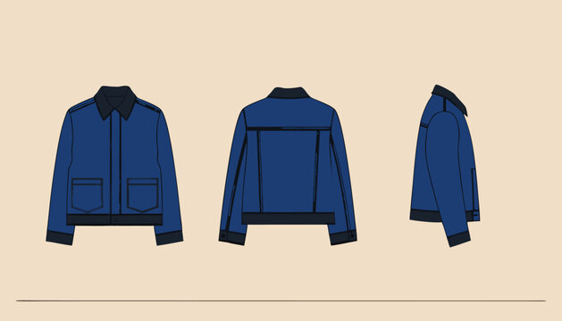 Blue Denim Trucker Jacket Apparel Flat Sketch Mockup Template