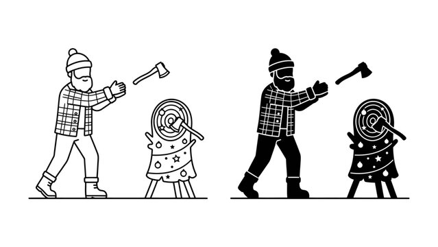 Lumberjack Axe Throw: A stylized illustration depicts a lumberjack character, in both outline and silhouette, preparing to throw an axe at a target.