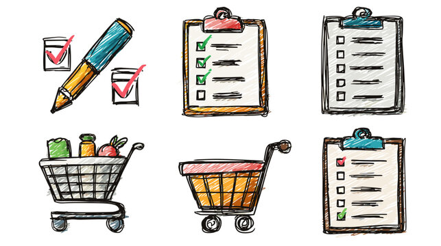 Hand Drawn Shopping List And Cart Icons With Pen And Checklist Graphics