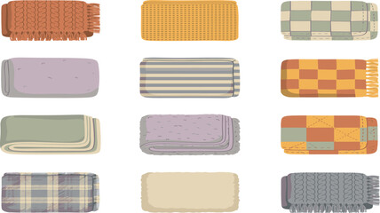 Cozy Folded Blanket and Throw Vector Icon Set featuring Cable Knit, Plaid, Striped, Checkered, and Fringe Fleece Winter Bedding Illustrations © MstSultanaAkter