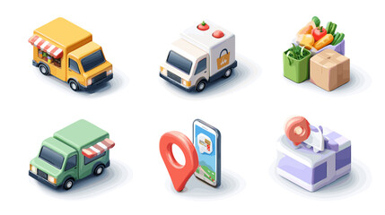 Obraz premium Isometric Pixel Art Food Trucks Delivery Boxes Phone Map Icons Isolated On White
