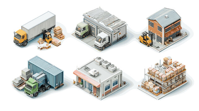 Isometric Pixel Art Buildings And Vehicles For Logistics And Transportation Theme