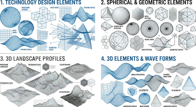 Abstract 3D wireframe geometric elements set featuring terrain topography landscapes mesh grids tech spheres and dynamic waves