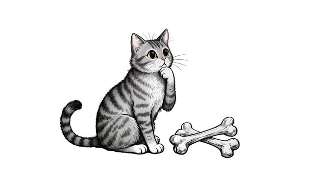 Tabby cat sitting and thinking next to crossed bones