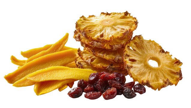 Dried pineapple rings mango strips, and cranberries