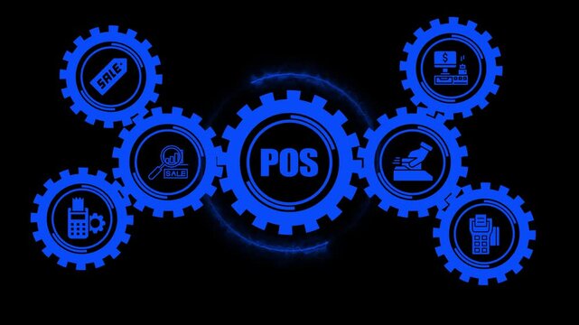 Pos system concept with rotating blue gears and digital payment for retail and business technology solutions