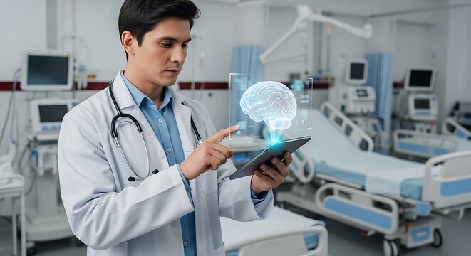 Futuristic medical technology concept with doctor using digital tablet, holographic brain interface in hospital room, advanced neurosurgery healthcare