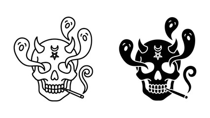 Eerie Duo of Devil Skull with Ghosts: A striking graphic representation featuring two stylized devil skulls, one outlined and one solid black, both adorned with horns and celestial symbols. © Nirob