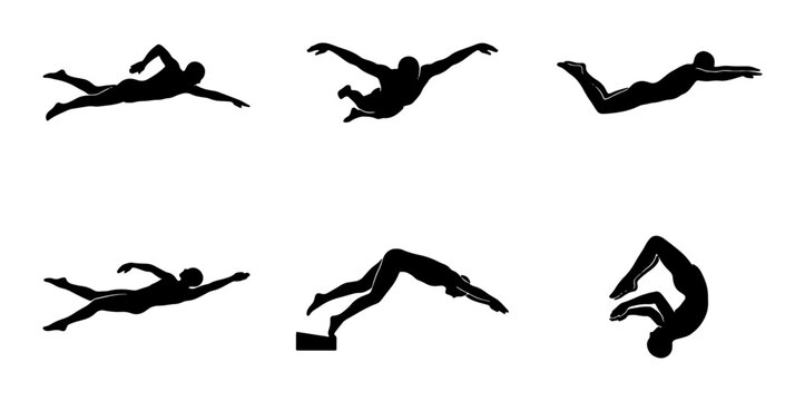 Swimming Strokes and Diving Silhouettes, Aquatic Sports Action Poses, Vector Collection of Swimmer Movements, Dynamic Water Athlete Poses, Competitive Swimming and Diving Graphics