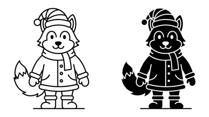 Winter Animal Illustration: A cute cartoon fox wearing a winter hat, scarf, and coat stands cheerfully, depicted in both line art and silhouette styles. © Nazida