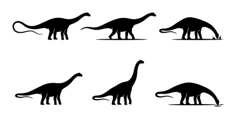 Dinosaur Silhouettes Vector Set, Prehistoric Brontosaurus Icons, Ancient Reptile Graphics, Jurassic Era Creature Collection, Black and White Dino Illustrations © Sirajul