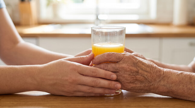 Caregiver providing support to elderly person, young hands holding glass of orange juice together with senior hands reflecting care