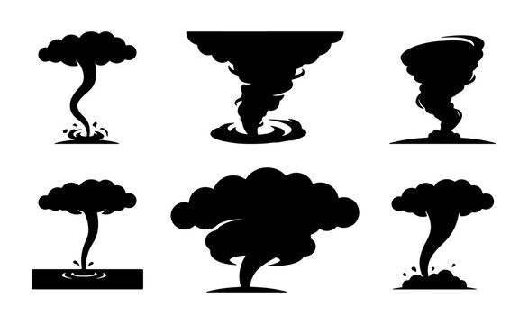 Tornado Silhouette Icons, Twister Weather Symbols, Cyclone Vector Graphics, Natural Disaster Elements, Storm Cloud Shapes, Weather Phenomena Illustrations
