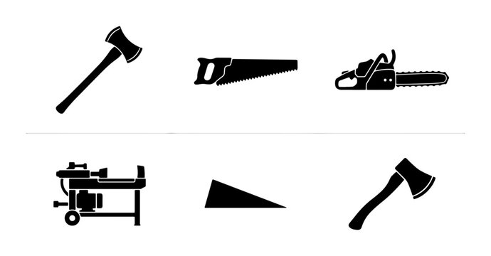 Logging and Woodworking Tools Vector Icons: Axe, Saw, Chainsaw, Log Splitter, Wedge, Hatchet for Construction and DIY Projects
