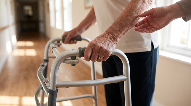 Senior person's hands gripping a walking frame with a caregiver's hand providing support and assistance in a bright corridor