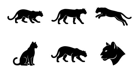 Obraz premium Black Panther Silhouettes Vector Set, Wild Cat Poses Collection, Feline Animal Icons for Graphic Design