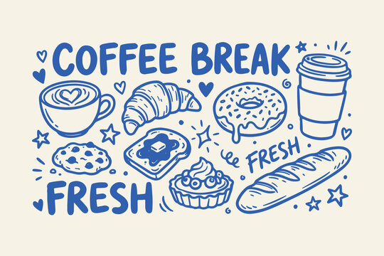 Hand drawn doodle set of coffee break items with cup croissant donut cookie bread and fresh text in blue colors Vector, illustration
