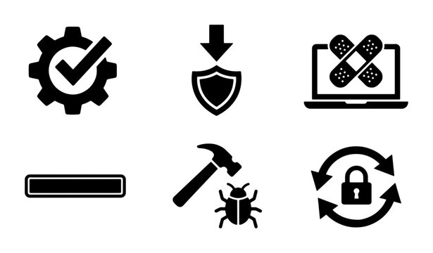 Cybersecurity and IT Support Icons: Secure System, Bug Fix, Data Protection, System Update, Network Security, Computer Repair