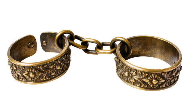 Ornate antique brass handcuffs with floral engraving and chain