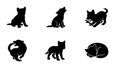 Fototapeta premium Dog Silhouette Icons Set, Puppy Poses Vector Graphics, Canine Animal Graphics, Black and White Vector Collection for Design