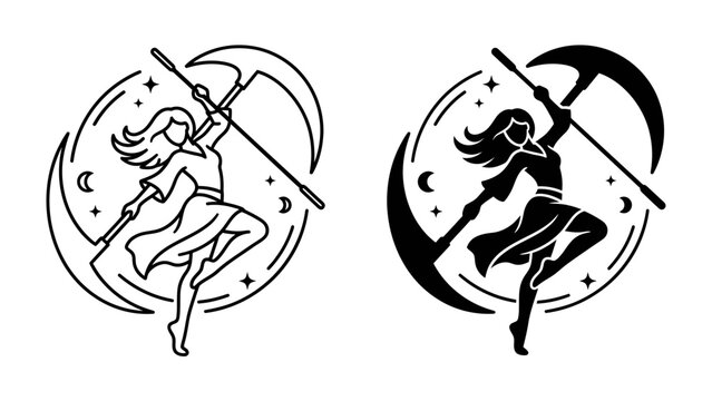 Mystical Figure with Scythe and Crescent Moon Emblem: A stylized illustration of a woman wielding a scythe, set within a circular motif featuring a crescent moon and stars.