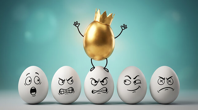 Golden egg standing on cracked white eggs with expressive faces in bright studio setting