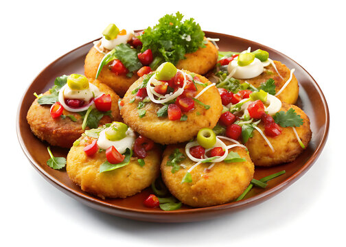 Aloo Tikki Chaat  potato patties with toppings  isolated on white background