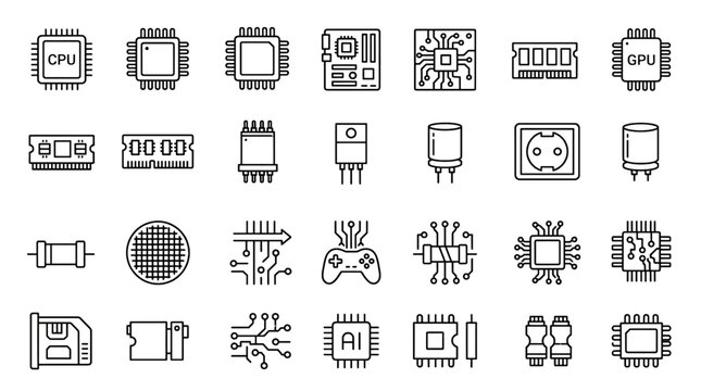 Computing Hardware Line Vector Icon Set with Microchips Integrated Circuits Processors Circuit Boards and Electronic Components