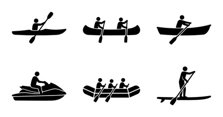Water Sports Icons: Kayak, Canoe, Jet Ski, Raft, Paddleboard, Rowing Boat Silhouettes for Outdoor Adventure and Recreation Graphics © sagor