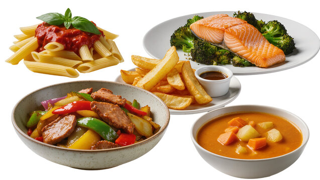 Four diverse meals pasta with tomato sauce salmon with broccoli and fries beef stir-fry, and vegetable soup