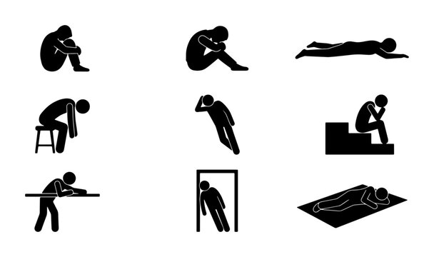 Depression Icon Set, Sadness Silhouette Collection, Mental Health Pictograms, Human Emotion Poses, Vector Art