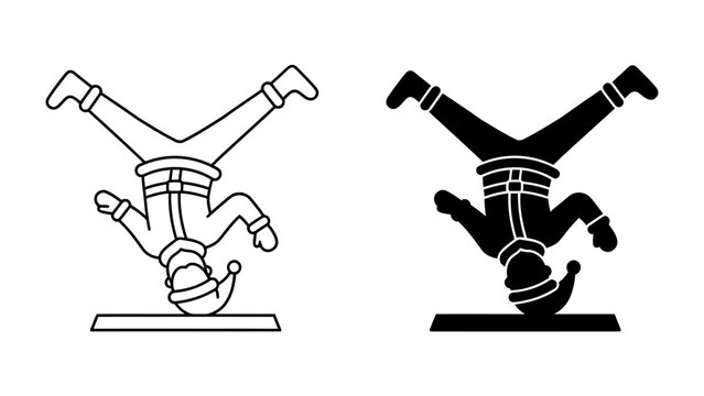 Breakdancer Silhouette: A dynamic silhouette of a breakdancer executing a powerful headstand move, showcased in both an outline and a solid fill design.